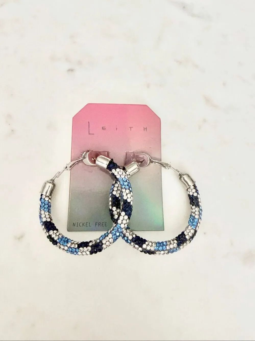Leith Blue Ombre Crystal Pavé Hoop Earrings Silver Tone NWT
